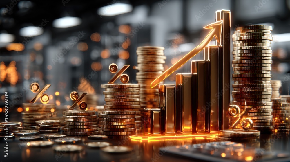 Poster golden coin stacks with rising bar graph and arrow representing financial growth and investment stra