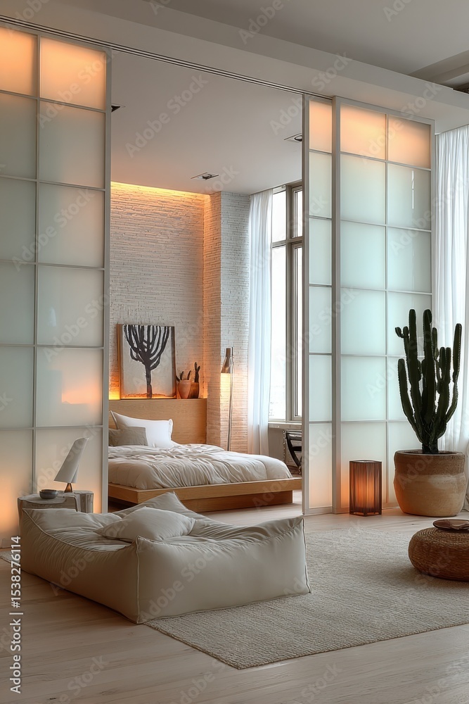 Poster modern bedroom with sliding doors and cactus, representing interior design and home improvement proj