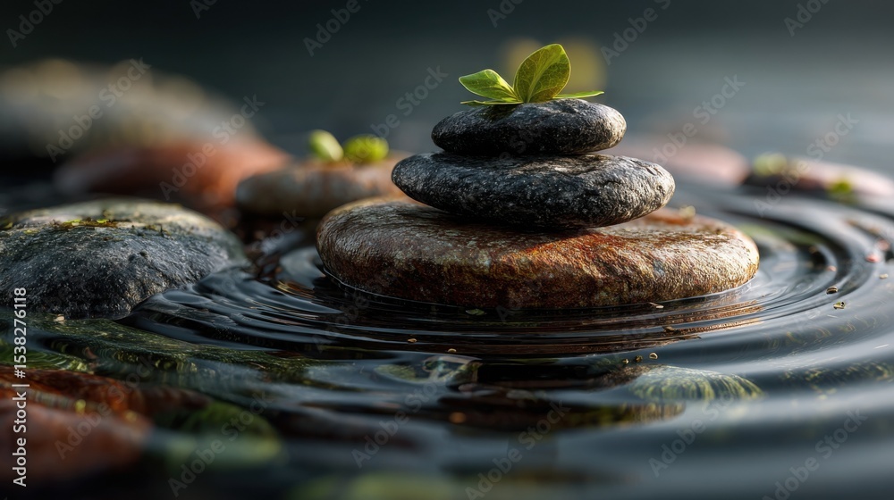 Aufkleber stacked stones in water with sprout, symbolizing tranquility and inner peace for wellness and medita