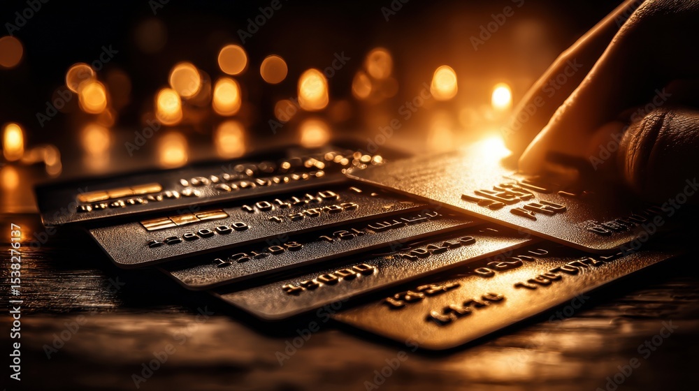 Poster stack of credit cards with golden light, representing financial security and digital payment solutio