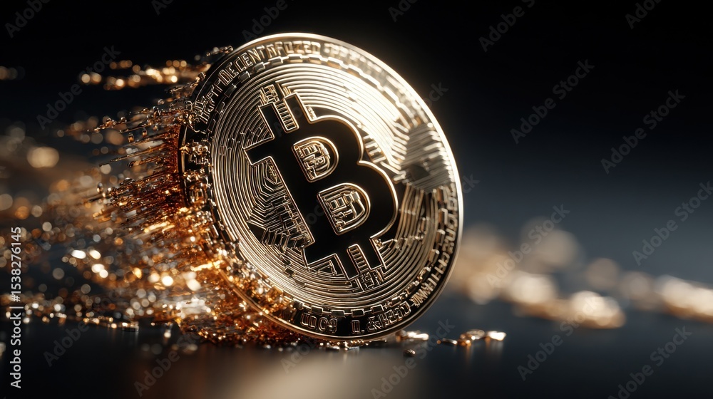 Poster Golden Bitcoin Coin Exploding With Particles, Representing Cryptocurrency Investment and Financial Disruption : Generative AI