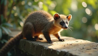 Raccoon standing by stone wall in serene garden setting