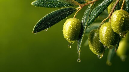 Obraz premium Close-Up of Fresh Green Olives on a Branch With Water Droplets, Symbolizing Natural Beauty and Healthy Lifestyle Choices in Food Photography : Generative AI
