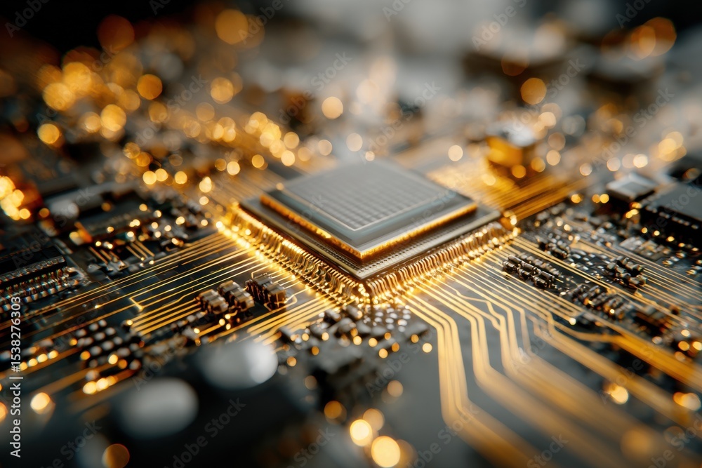 Poster Close-Up of Glowing Microchip on Circuit Board, Illustrating Technological Advancement and Digital Transformation in Business : Generative AI