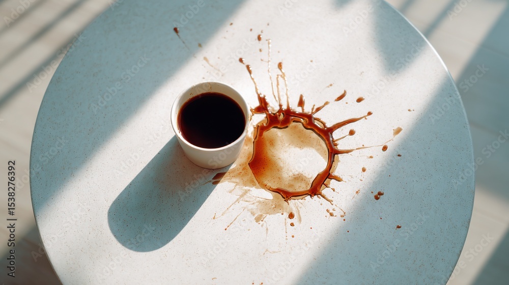 Poster coffee cup and spill on white table, illustrating mistakes and the messiness of creative process, pe