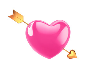 Pink heart pierced by golden arrow isolated on white background. Clipping path included