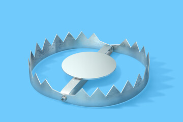 Open metal trap isolated on blue background. Clipping path included