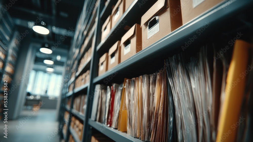 Aufkleber Rows of Archive Boxes and Files in a Storage Room, Depicting Organization and Records Management : Generative AI