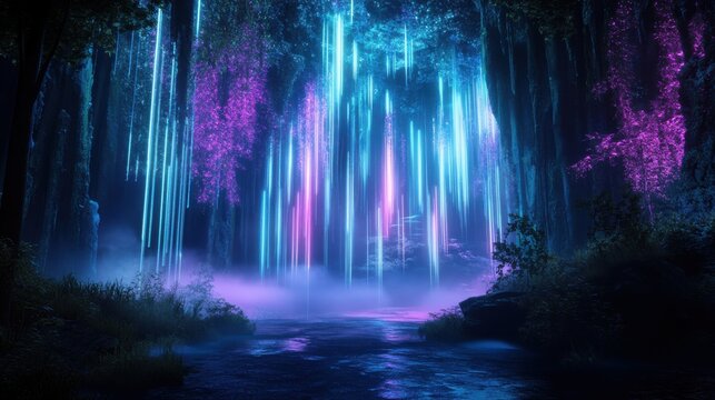Glowing light beams through trees over serene river at night