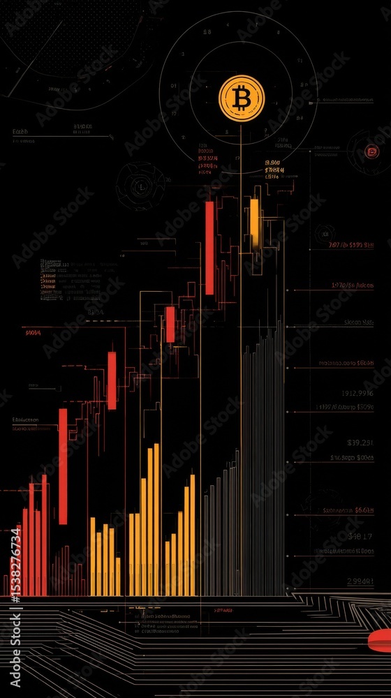 Poster bitcoin chart displaying market fluctuations on black background, representing financial analysis an