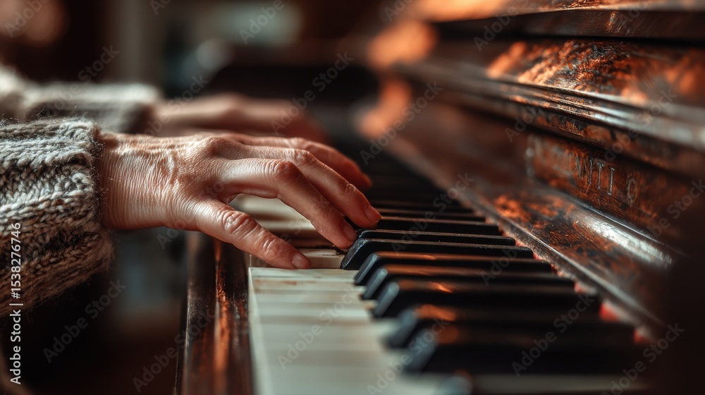 Poster hands playing piano keys in warm light, representing musical performance and artistic expression for