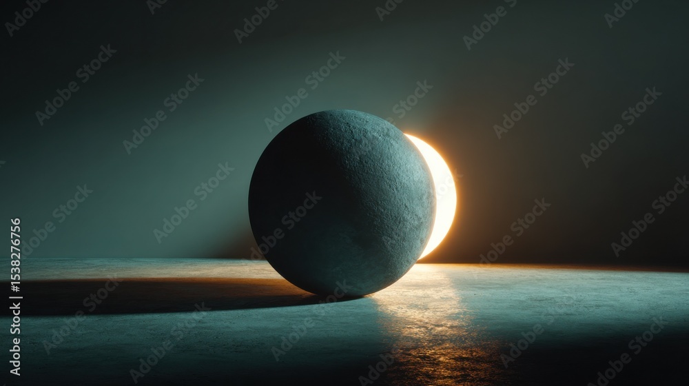 Poster textured sphere partially illuminated from behind, symbolizing innovation and creative solution : ge