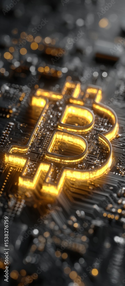 Poster glowing bitcoin symbol on circuit board, illustrating cryptocurrency investment and digital finance 