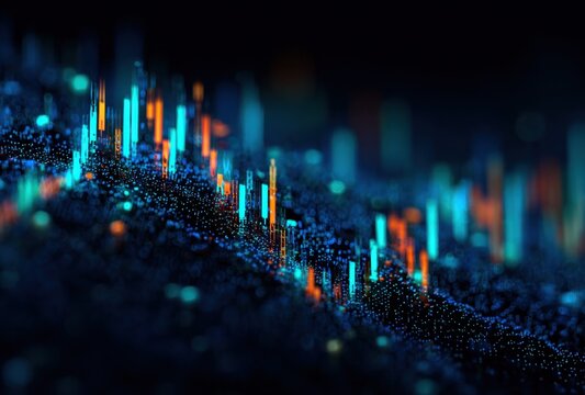 Abstract Data Visualization With Glowing Bars, Representing Financial Analysis and Technology Innovation for Business Intelligence Solutions : Generative AI