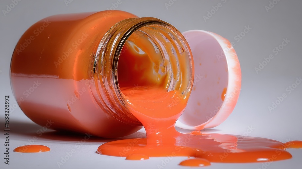 Poster orange paint spill from jar, representing creativity and artistic expression for product packaging a