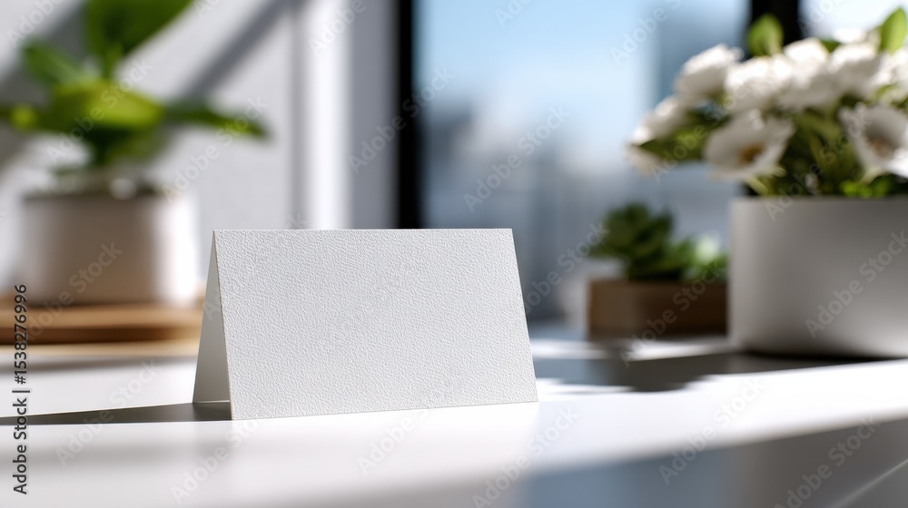 Aufkleber blank white card on a table with plants, ideal for invitations and personalized greetings, represent