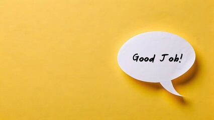 Speech bubbleon yellow copy space background with text written GOOD JOB - positive feedback in response to job well done - compliment from boss to team member praise to student who did a good work