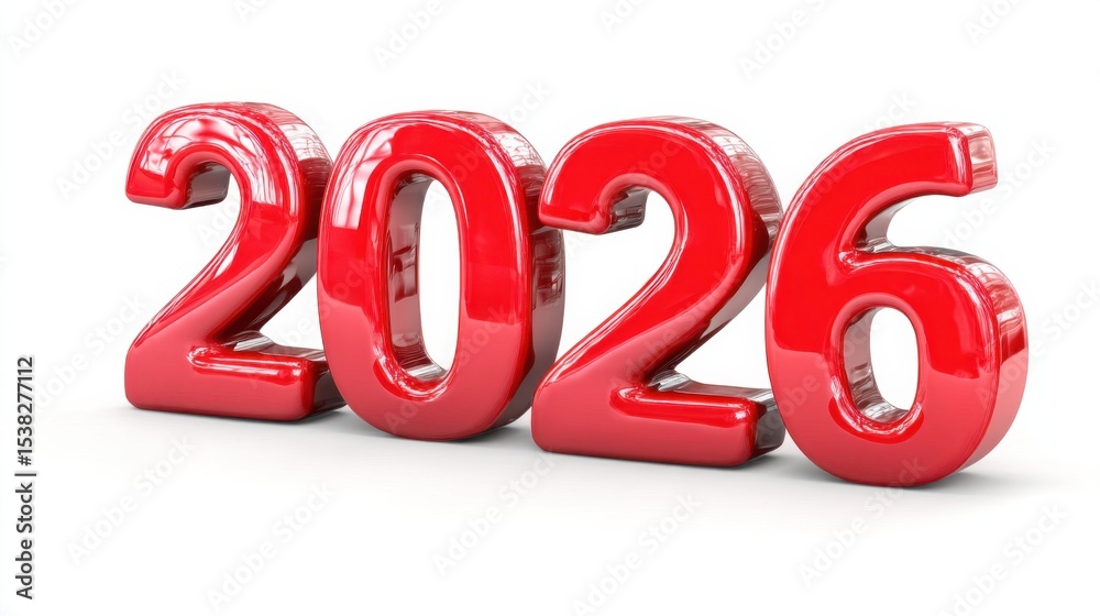 Poster shiny red 2026 numbers on white background, symbolizing future planning and new year celebrations fo