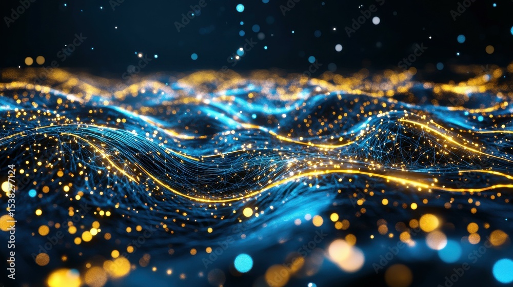 Poster abstract digital artwork of wavy lines and particles in blue and gold