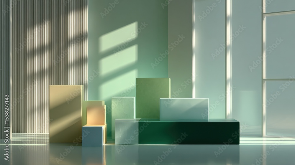 Poster minimalist product display with geometric shapes in pastel colors, offering a modern aesthetic for b