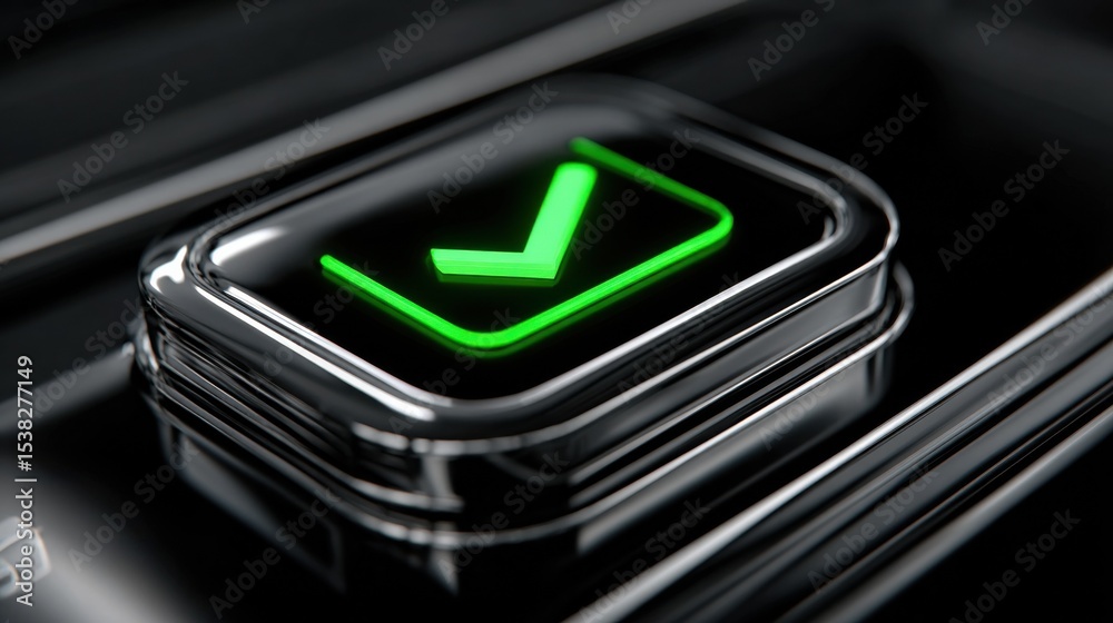 Aufkleber Illuminated Green Check Mark Button on Black Keyboard, Symbolizing Approval and Digital Confirmation for Business Solutions and Project Management : Generative AI