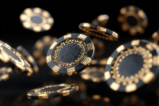 Black and Gold Casino Chips Floating in Air, Representing Luxury Lifestyle and High-Stakes Entertainment, Perfect for Gaming or Financial Services Marketing : Generative AI