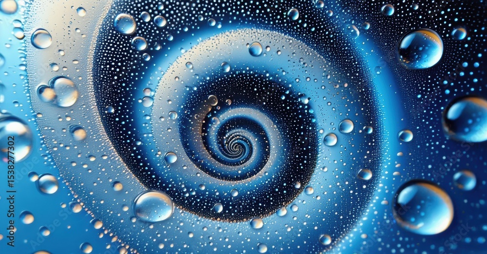 Poster spiral pattern, water droplets, blue tones create mesmerizing visual effect. depth, texture, abstrac