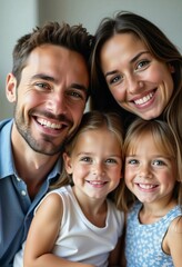 Obraz premium A loving family consisting of a mother, father, son, and daughter embraces their time together, showcasing laughter and happiness in a warm indoor atmosphere filled with light Generative AI