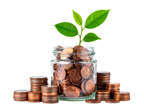 Glass jar filled with pennies, lush green plant, and coins symbolizing savings and growth Isolated on Transparent or White Background