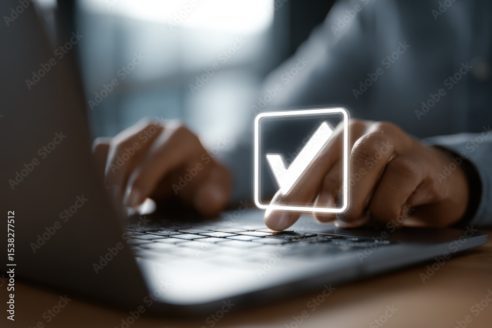 Poster Hands Typing on Laptop with Glowing Check Mark, Representing Digital Transformation and Task Completion : Generative AI