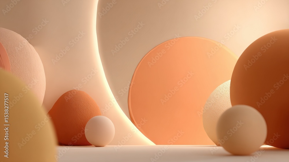 Poster abstract spheres and arches in pastel tones, ideal for product mockups and promoting creativity and 