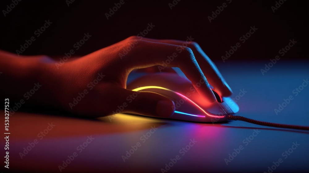 Poster hand using a glowing gaming mouse in dark room, representing esports competition and digital enterta