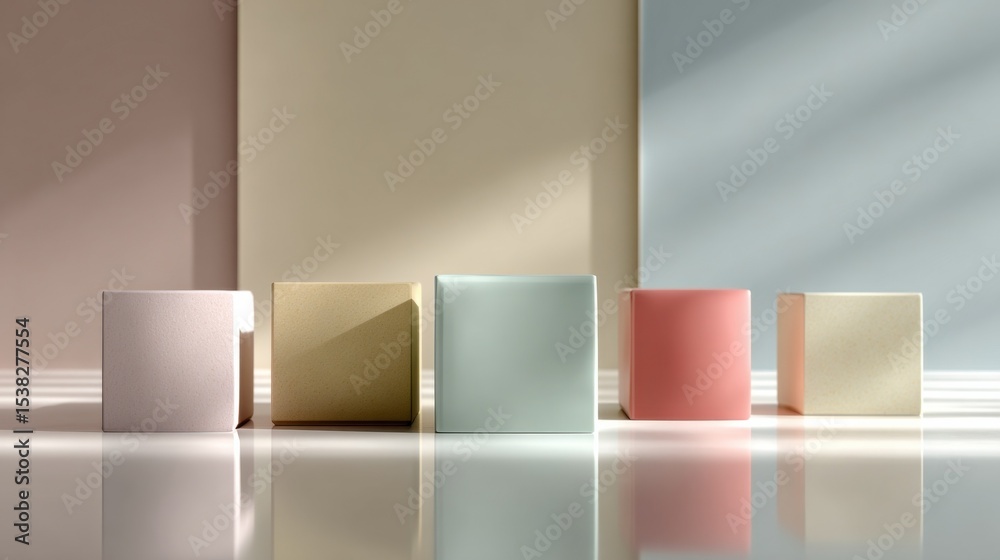 Poster Pastel Cubes Arranged on Reflective Surface With Light and Shadow, Ideal for Product Showcase and Minimalist Presentation : Generative AI