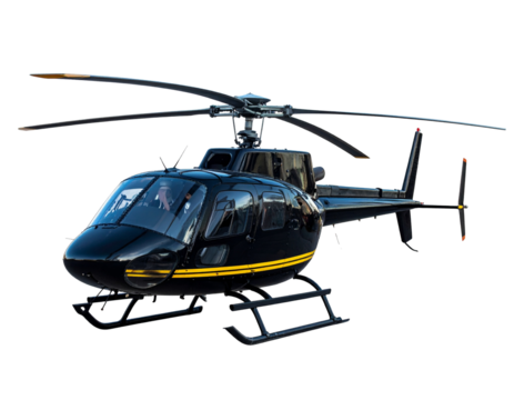 A black helicopter with a yellow stripe on the tail rotor Isolated on Transparent or White Background - Powered by Adobe