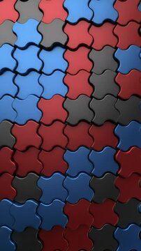 A close up view of interlocking pavement blocks in blue red and black creating a geometric pattern design