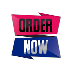 Bright Order Now Banner with Layered Ribbons and Geometric Shapes. Pink and Blue Editable Banner.