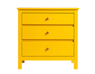 Bright yellow nightstand with three drawers.