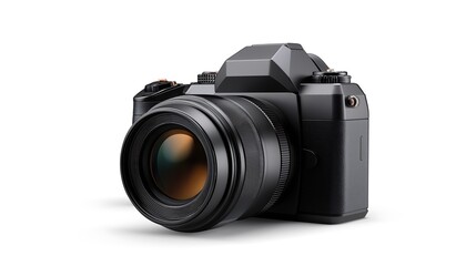 a modern digital photography camera on a plain white background