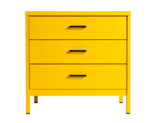 Colorful yellow dresser with three drawers.