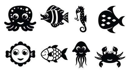 Collection of adorable black sea creatures, including an octopus, fish, seahorse, jellyfish and crab