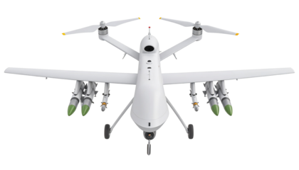 A white drone with four missiles attached to its wings, viewed from the front against Isolated on Transparent or White Background