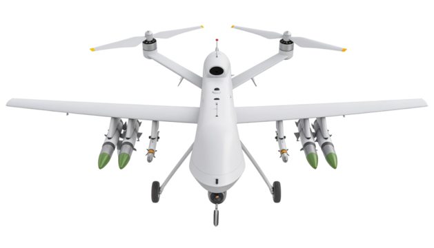 A white drone with four missiles attached to its wings, viewed from the front against Isolated on Transparent or White Background
