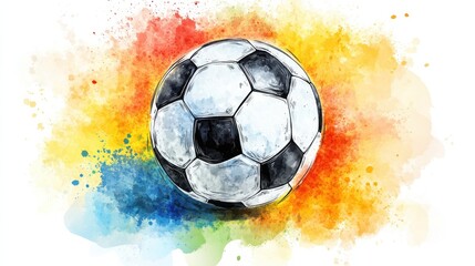Fototapeta premium Vibrant watercolor splatters with soccer ball on abstract background