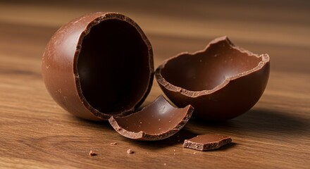 Chocolate egg broken into pieces on a wood table