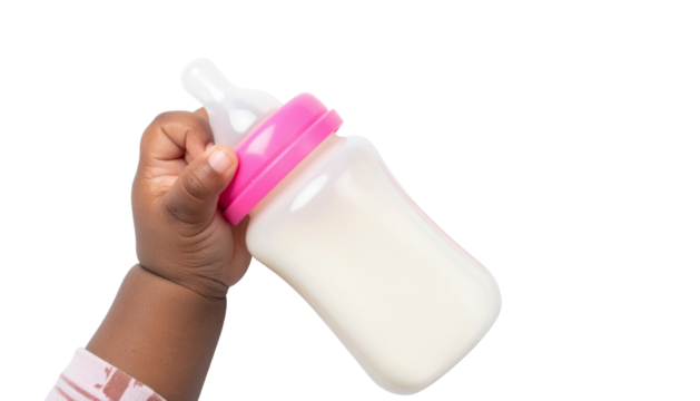 Baby hand holding a milk bottle Isolated on Transparent or White Background - Powered by Adobe