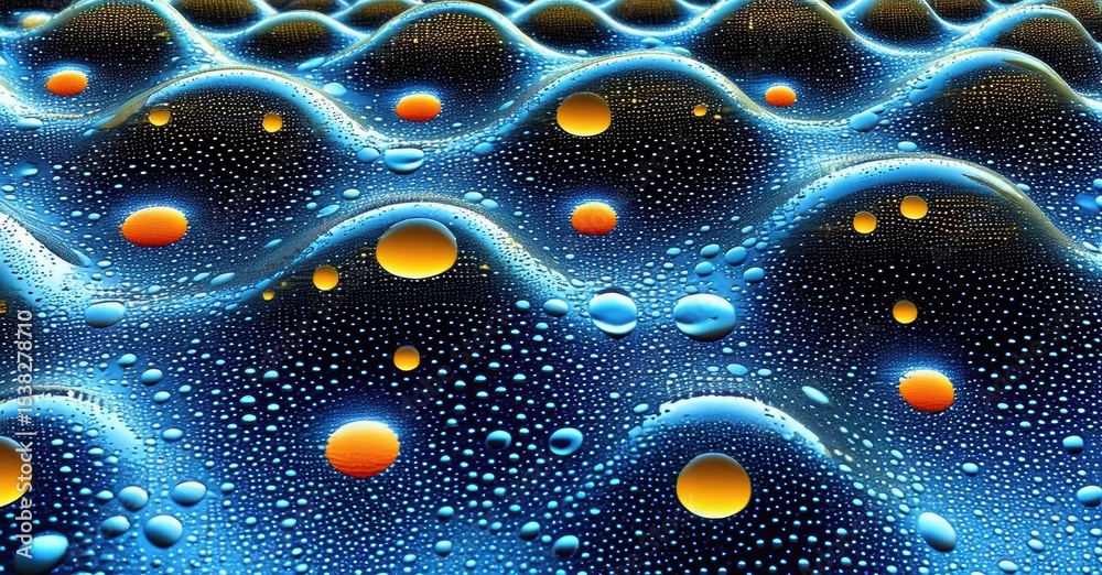 Poster Water droplets form undulating surface. Blue, orange hues create abstract texture. Bubbles, reflections dominate composition. Vivid colors, dynamic patterns present.