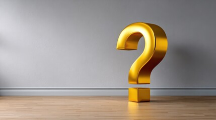 A large, golden question mark stands in a minimalistic room, symbolizing inquiry and curiosity in a business environment.