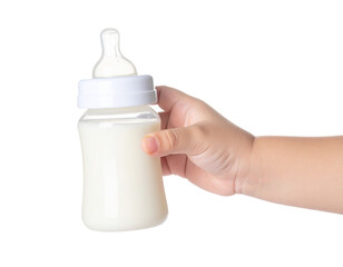 Baby's hand holding a milk bottle Isolated on Transparent or White Background