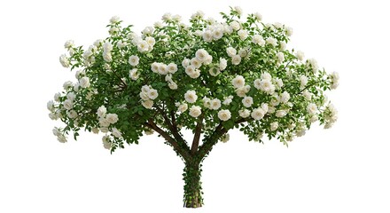 Full rose tree with white roses green leaves and a thick trunk set against a white background