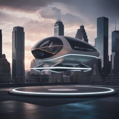 AI‑Driven Urban Air Mobility Vehicle: A sleek, electric VTOL air taxi hovers above a rooftop landing pad at sunset. City skyscrapers form a glowing backdrop, and landing guidance lights pulse softly. 